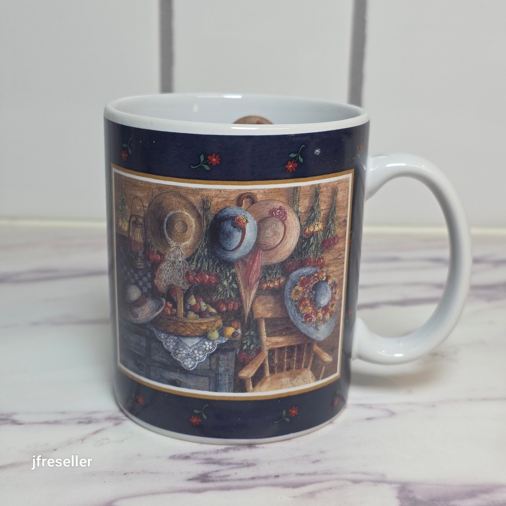 Lang and Wise 1997 Anna Krajewski Hats & Roses Collector Mug with Box Navy Blue